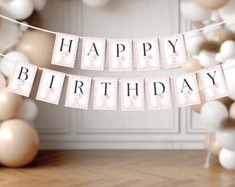 May include: Pink and white checkered banner with the words "Happy Birthday" in black letters. Each letter is on a separate flag with a small pink and white illustration of a mouse with balloons.