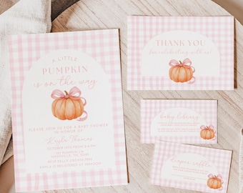 May include: A set of baby shower stationery with a pink gingham pattern. The invitation reads "A Little Pumpkin is on the Way" with a pumpkin illustration. Additional cards include "Thank You", "Baby Library", and "Diaper Raffle".