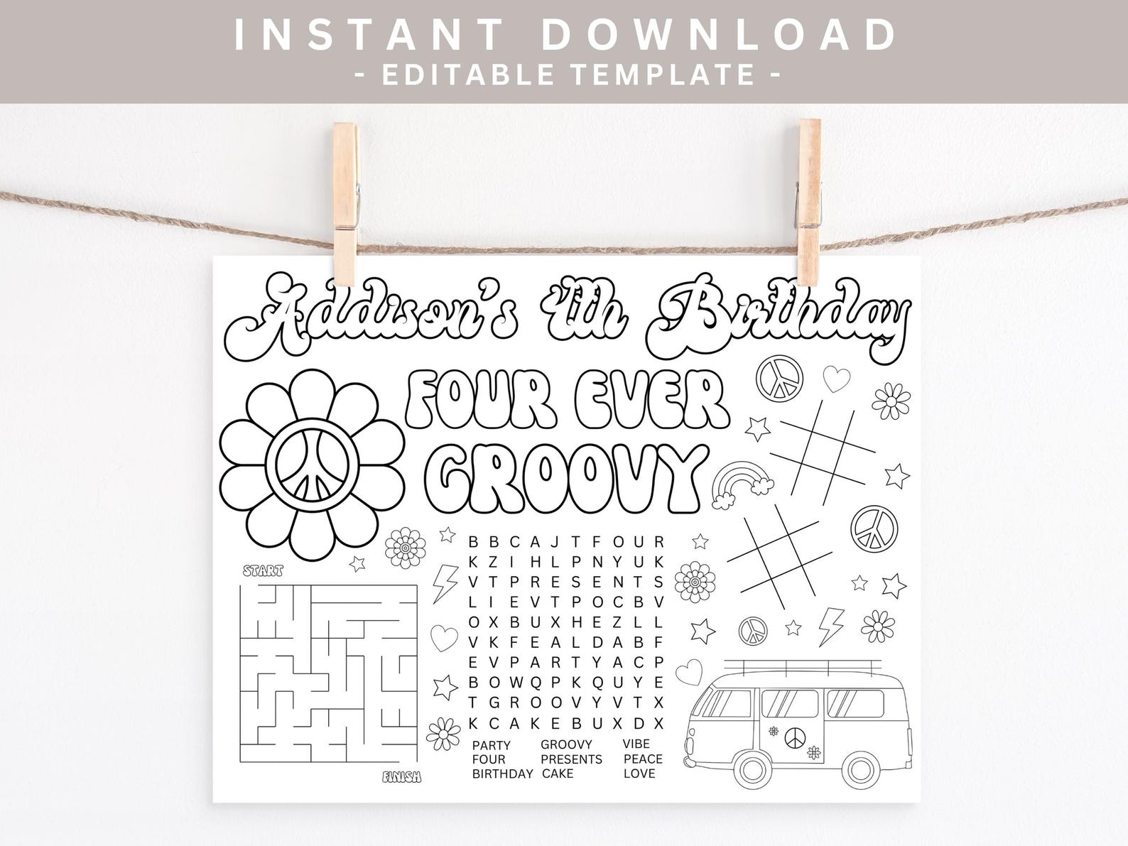 Four Ever Groovy Coloring Page, Birthday Coloring, Printable, Instant ...