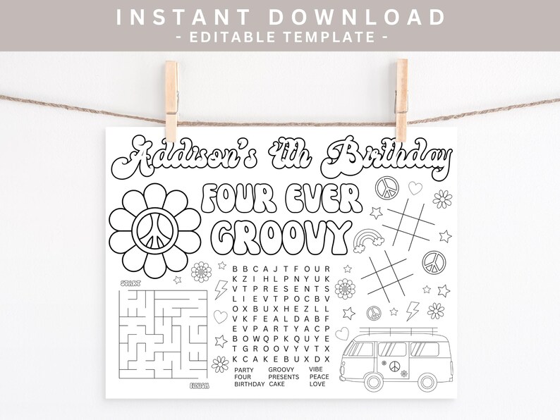 Four Ever Groovy Coloring Page, Birthday Coloring, Printable, Instant ...