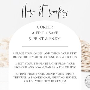 May include: White background with text that reads "How it works" followed by numbered steps: Order, Edit + Save, and Print & Enjoy. Instructions are provided below each step. A logo is in the bottom right corner.