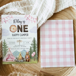 One Happy Camper First Birthday Invitation Template, Instant Download, Camping Birthday, Girl 1st Birthday A127