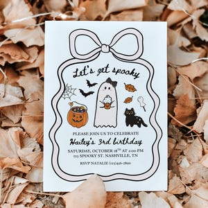 May include: Halloween-themed invitation with the text "Let's get spooky." The invitation features illustrations of a ghost, bats, a jack-o'-lantern, and a black cat. The invitation is for Hailey's 3rd birthday, with the date, time, and location.