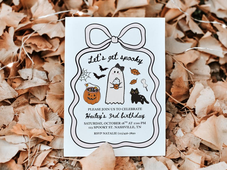 May include: Halloween-themed invitation with the text "Let's get spooky." The invitation features illustrations of a ghost, bats, a jack-o'-lantern, and a black cat. The invitation is for Hailey's 3rd birthday, with the date, time, and location.