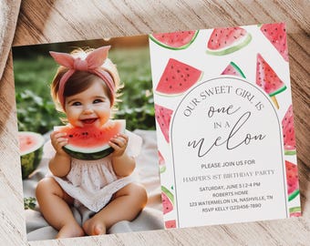 One In A Melon First Birthday Invitation, Watermelon Birthday, Watermelon Party, Watermelon Invitation, 1st Birthday, Summer Birthday, A134