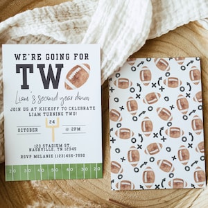May include: A white invitation with green and black accents for a second birthday party. The invitation features a football and the text "We're going for two!" and "Liam's second year down". The invitation also includes the date, time, and location of the party.