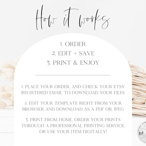 May include: How it works: 1. Order 2. Edit + Save 3. Print & Enjoy.  Instructions for using a printable template. Place your order, check your Etsy registered email to download your files. Edit your template right from your browser and download as a PDF or JPEG. Print from home, order your prints through a professional printing service, or use your item digitally!