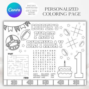 Football Birthday Coloring Page, Instant Download, Football Coloring, First Year Down, Football Birthday, Coloring, A101, A143, A110, A111