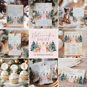 May include: A Nutcracker Ballet themed first birthday party printable bundle. The bundle includes a variety of items, such as invitations, thank you cards, cupcake toppers, favour bags, and a sign for a hot chocolate bar. The design features a watercolour illustration of a ballerina and a nutcracker in front of a Christmas tree.