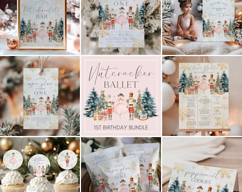 May include: A Nutcracker Ballet themed first birthday party printable bundle. The bundle includes a variety of items, such as invitations, thank you cards, cupcake toppers, favor bags, and a sign for a hot chocolate bar. The design features a watercolor illustration of a ballerina and a nutcracker in front of a Christmas tree.
