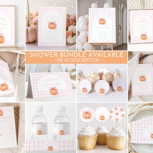 May include: A collection of party supplies with a pumpkin theme. Items include signs, tags, cupcake toppers, water bottle labels, and cards. The designs feature a watercolor pumpkin with a bow on a pink gingham background. Text includes "Gifts & Books", "Thank You", and "Baby Bingo".