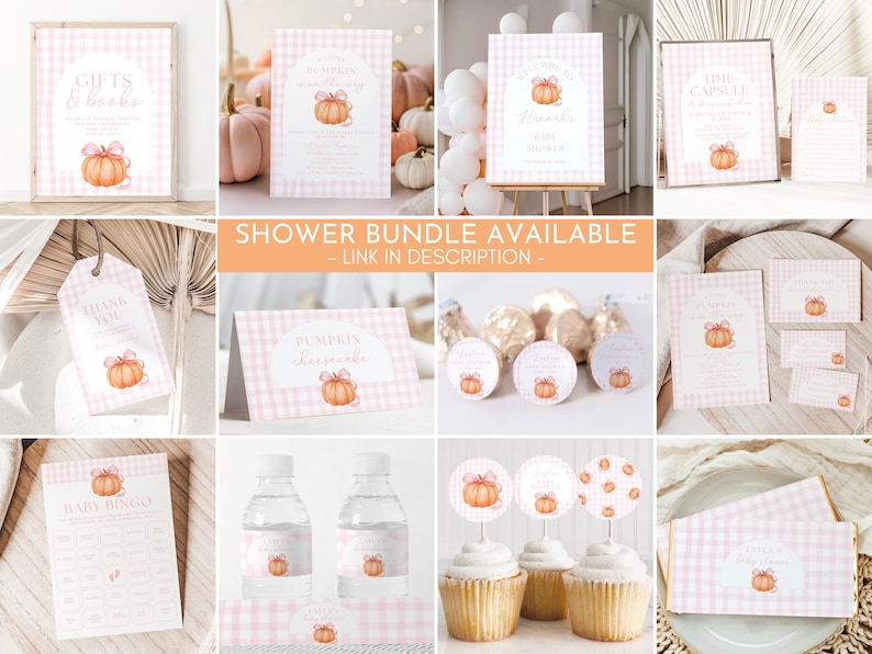 May include: A collection of party supplies with a pumpkin theme. Items include signs, tags, cupcake toppers, water bottle labels, and cards. The designs feature a watercolor pumpkin with a bow on a pink gingham background. Text includes "Gifts & Books", "Thank You", and "Baby Bingo".