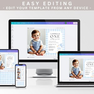 May include: A digital invitation template displayed on various devices, including a desktop computer, laptop, tablet, and smartphone. The invitation features a baby's photo and text that reads "Campbell is One". The background has a blue gingham pattern.