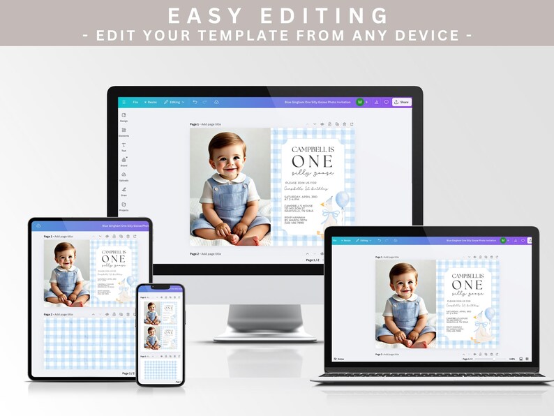 May include: A digital invitation template displayed on various devices, including a desktop computer, laptop, tablet, and smartphone. The invitation features a baby's photo and text that reads "Campbell is One". The background has a blue gingham pattern.