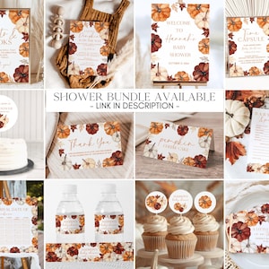May include: A collection of fall-themed baby shower decorations featuring pumpkins and autumn leaves. Includes signs, invitations, cupcake toppers, water bottle labels, and a cake topper. The color palette is warm, with shades of orange, brown, and cream.