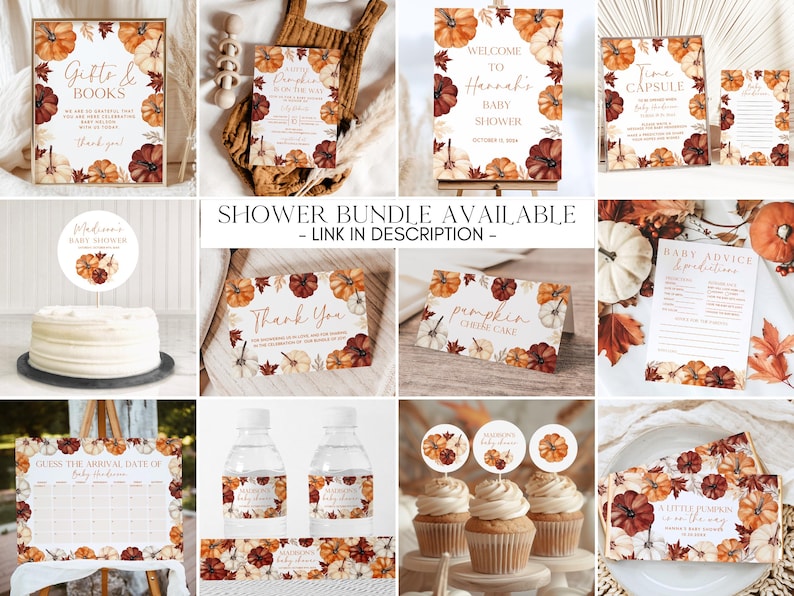 May include: A collection of fall-themed baby shower decorations featuring pumpkins and autumn leaves. Includes signs, invitations, cupcake toppers, water bottle labels, and a cake topper. The color palette is warm, with shades of orange, brown, and cream.
