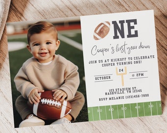 First Year Down, Invitation Template, Football Birthday, Football Invitation, Football Party, First Birthday, First Birthday Boy, A143