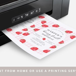 May include: Printable invitation for a first birthday party with a strawberry theme. The invitation features a pink and white gingham pattern with red strawberries and the text "Harper's Berry First Birthday".