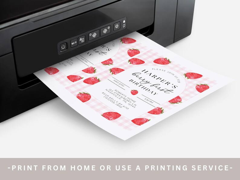May include: Printable invitation for a first birthday party with a strawberry theme. The invitation features a pink and white gingham pattern with red strawberries and the text "Harper's Berry First Birthday".
