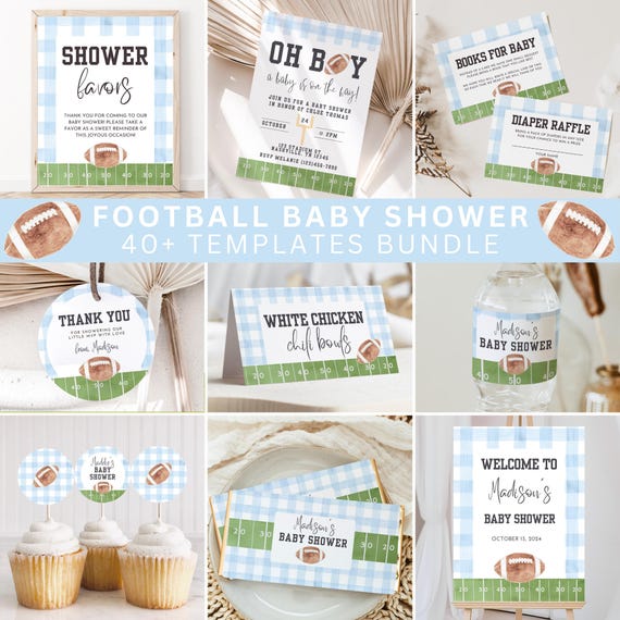 Football Baby Shower Bundle, Sports Baby Shower, Football Baby Bundle, Boy Baby Shower, Sports Shower Bundle, Blue Gingham Baby Shower, A148