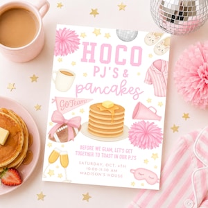 May include: A rectangular invitation card with the text HOCO PJ'S & PANCAKES, featuring illustrations of a stack of pancakes, a football with a pink bow, a megaphone, pom-poms, slippers, pajamas, and champagne flutes, with event details below.