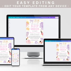 May include: A digital invitation for a sleepover party, displayed on various devices including a computer, tablet, and phone. The invitation features a watercolor design with text that reads "Sleep Under" and includes party details.