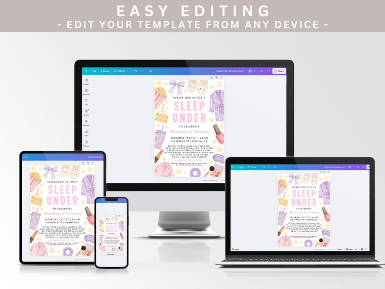 May include: A digital invitation for a sleepover party, displayed on various devices including a computer, tablet, and phone. The invitation features a watercolor design with text that reads "Sleep Under" and includes party details.