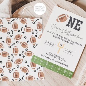 May include: A printable football-themed first birthday party invitation with a green and white football field design. The invitation says "Cooper's first year down" and "Join us at kickoff to celebrate Cooper turning one!" with the date, time, and location.