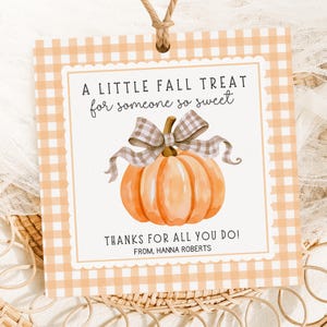 May include: A square gift tag with a light orange gingham border, featuring a watercolor pumpkin with a gingham bow. Text reads: A LITTLE FALL TREAT for someone so sweet, THANKS FOR ALL YOU DO!, FROM, HANNA ROBERTS. The tag hangs from a jute twine loop.