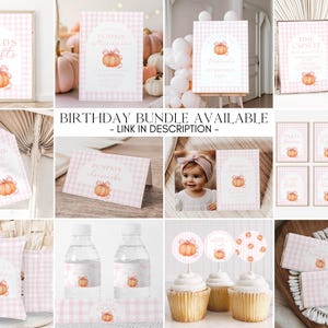 May include: Party supplies with a pumpkin theme, including signs, tags, cupcake toppers, and wrappers. Designs feature a watercolour pumpkin with a pink bow on a pink gingham background. Text includes "Cards & Gifts" and "Birthday Bundle Available - Link in Description".