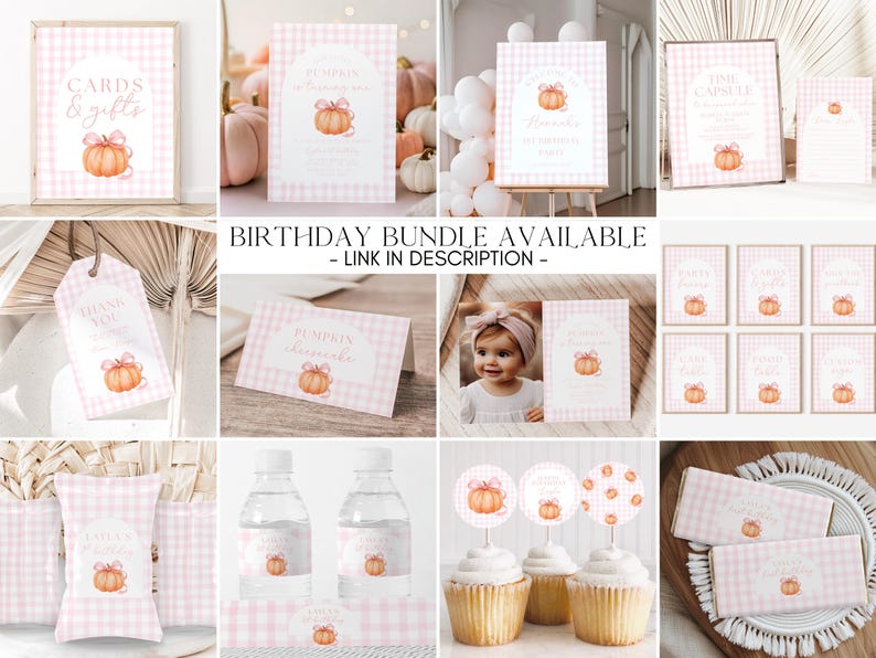 May include: Party supplies with a pumpkin theme, including signs, tags, cupcake toppers, and wrappers. Designs feature a watercolour pumpkin with a pink bow on a pink gingham background. Text includes "Cards & Gifts" and "Birthday Bundle Available - Link in Description".