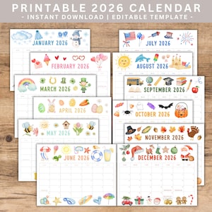 May include: A collection of printable 2026 calendars, each featuring a different month with themed illustrations. The calendars include January with a snowman, July with fireworks, and December with Santa Claus. The text "PRINTABLE 2026 CALENDAR" is at the top.