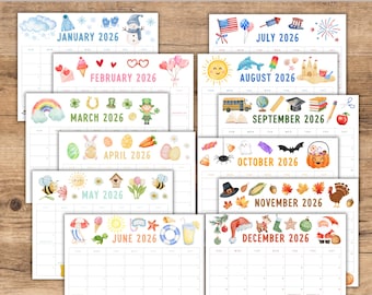 Druckbarer Kinderkalender 2026, Kinder Monatsplaner, druckbarer Kalender, 12-Monatskalender, Kalendervorlage, Hausschulkalender