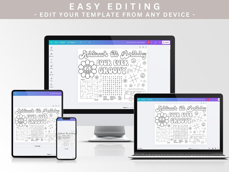Four Ever Groovy Coloring Page, Birthday Coloring, Printable, Instant ...