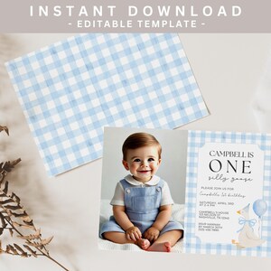 May include: An invitation template with a baby boy in blue overalls, a blue and white gingham pattern, and the text "CAMPBELL IS ONE silly goose". Includes a matching gingham placemat.