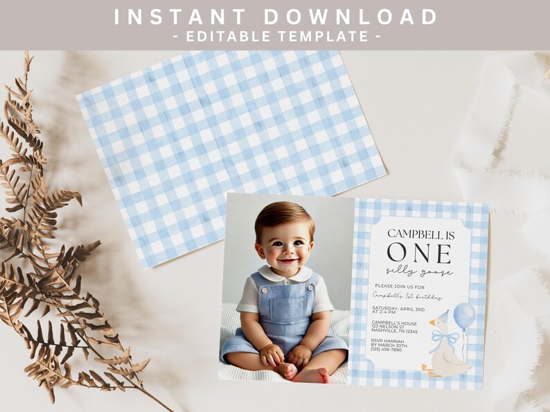 May include: An invitation template with a baby boy in blue overalls, a blue and white gingham pattern, and the text "CAMPBELL IS ONE silly goose". Includes a matching gingham placemat.