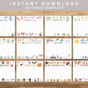 May include: A set of twelve printable 2026 monthly calendars with watercolor illustrations. Each month features a unique theme with corresponding graphics, such as snowflakes for January, hearts for February, and pumpkins for October. The calendars are on a wooden background.