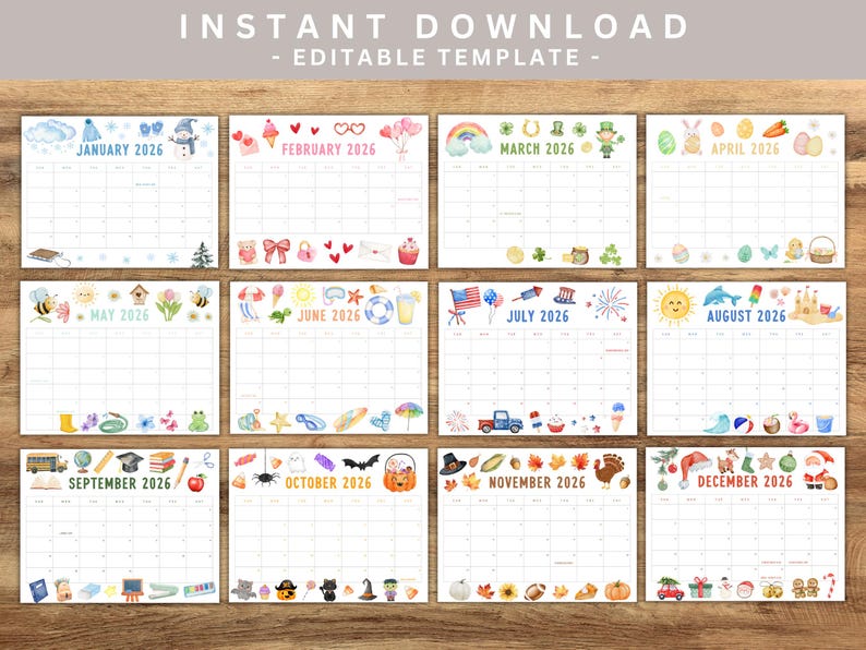 May include: A set of twelve printable 2026 monthly calendars with watercolor illustrations. Each month features a unique theme with corresponding graphics, such as snowflakes for January, hearts for February, and pumpkins for October. The calendars are on a wooden background.