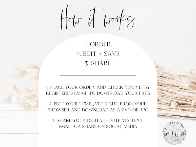 Puede incluir: C&oacute;mo funciona: 1. Pedir, 2. Editar + Guardar, 3. Compartir. Instrucciones para usar una plantilla digital. Haz tu pedido, revisa tu correo electr&oacute;nico registrado de Etsy para descargar tus archivos. Edita tu plantilla directamente desde tu navegador y desc&aacute;rgala como PNG o JPG. Comparte tu invitaci&oacute;n digital por mensaje de texto, correo electr&oacute;nico o en las redes sociales.
