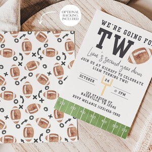 May include: Football-themed birthday party invitation with a brown and white football pattern on the back and a white invitation with the text "We're going for two! Liam's second year down. Join us at kickoff to celebrate Liam turning two! October 24 at 2pm. 123 Stadium St. Nashville, TN 12345. RSVP Melanie (123)456-7890".