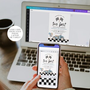 May include: A digital design for a birthday invitation with a blue race car and checkered flag design. The text on the invitation reads "Growing Up Two Fast" and "Race on over to celebrate Budocs 2nd Birthday".