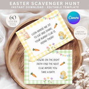 May include: Easter scavenger hunt template with 60 clues for indoor and outdoor use. The design features two cards with text, carrots, chicks, and a bunny. The cards have a gingham pattern and are on a wooden tray.
