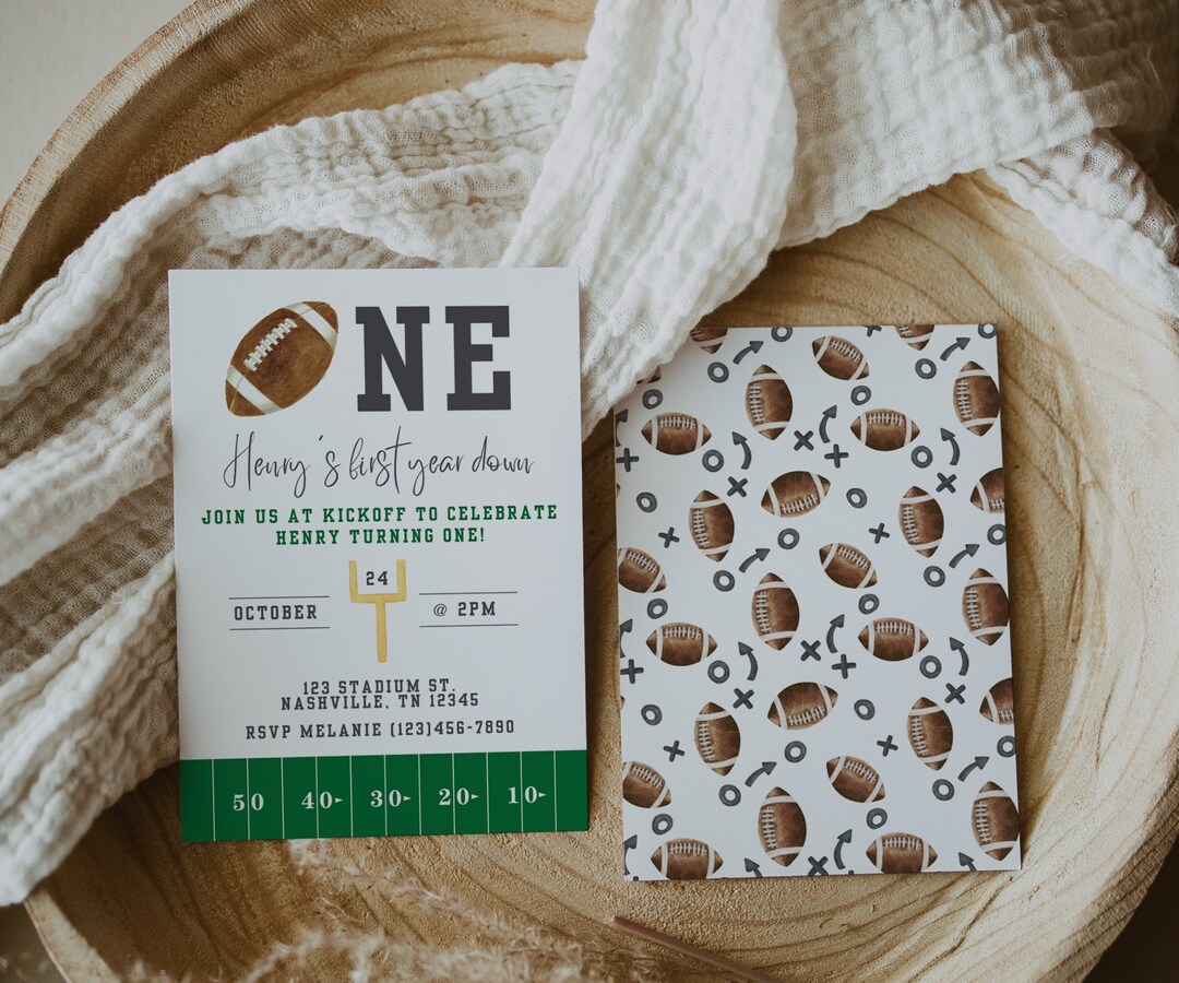 First Year Down Football Invitation First Birthday Boy Football Party