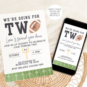 May include: A printable invitation for a child's second birthday party. The invitation features a football theme with the text "We're going for two" and a watercolor football. The invitation includes the date, time, and location of the party.