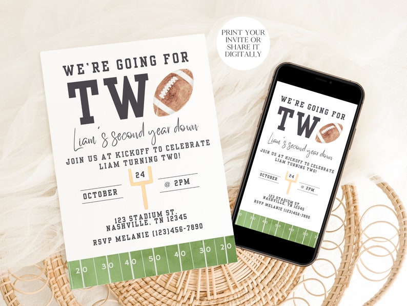 May include: A printable invitation for a child's second birthday party. The invitation features a football theme with the text "We're going for two" and a watercolor football. The invitation includes the date, time, and location of the party.