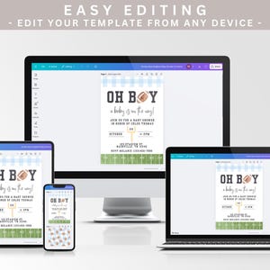 May include: A baby shower invitation with the text "OH BOY a baby is on the way!" displayed on a computer monitor, tablet, and smartphone. The invitation has a football theme with a blue and white checkered background.