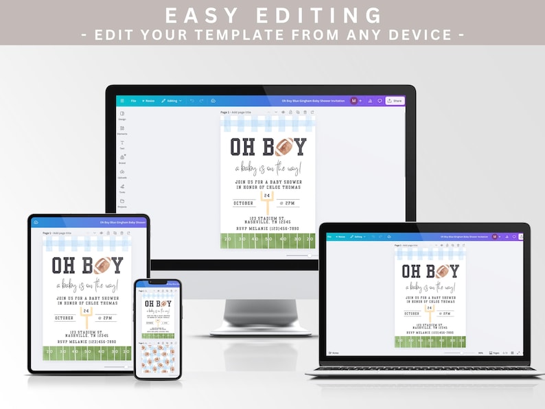 May include: A baby shower invitation with the text "OH BOY a baby is on the way!" displayed on a computer monitor, tablet, and smartphone. The invitation has a football theme with a blue and white checkered background.
