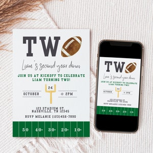 May include: A green and white football-themed invitation for a child's second birthday party. The invitation features a football, a football goal post, and the text "TWO Liam's second year down".