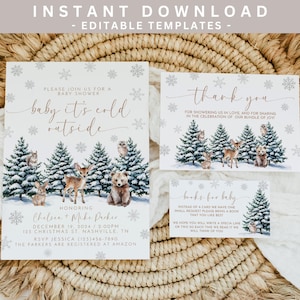 Puede incluir: Conjunto de invitaciones para baby shower de invierno con una escena de bosque nevado, con un ciervo, un oso y b&uacute;hos. La invitaci&oacute;n dice "baby it's cold outside" e incluye la fecha, la hora y el lugar del evento. La tarjeta de agradecimiento dice "gracias" y la tarjeta de solicitud de libros dice "libros para beb&eacute;".