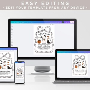 May include: A Halloween-themed invitation design displayed on various digital devices. The invitation features a black and white illustration with the text "Let's get spooky" and details for Hailey's 3rd birthday.